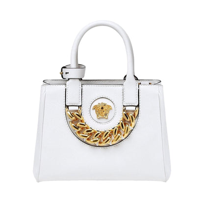 La Medusa Gold Plaque White Leather Small Crossbody Tote Bag