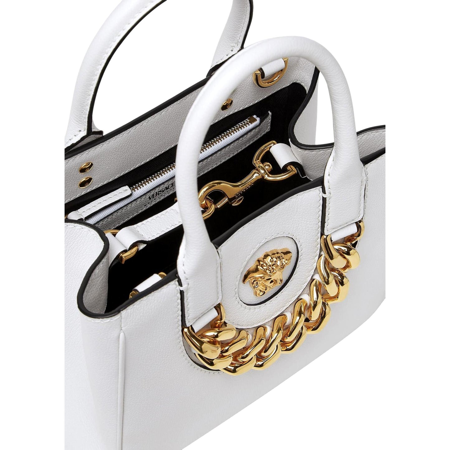 La Medusa Gold Plaque White Leather Small Crossbody Tote Bag