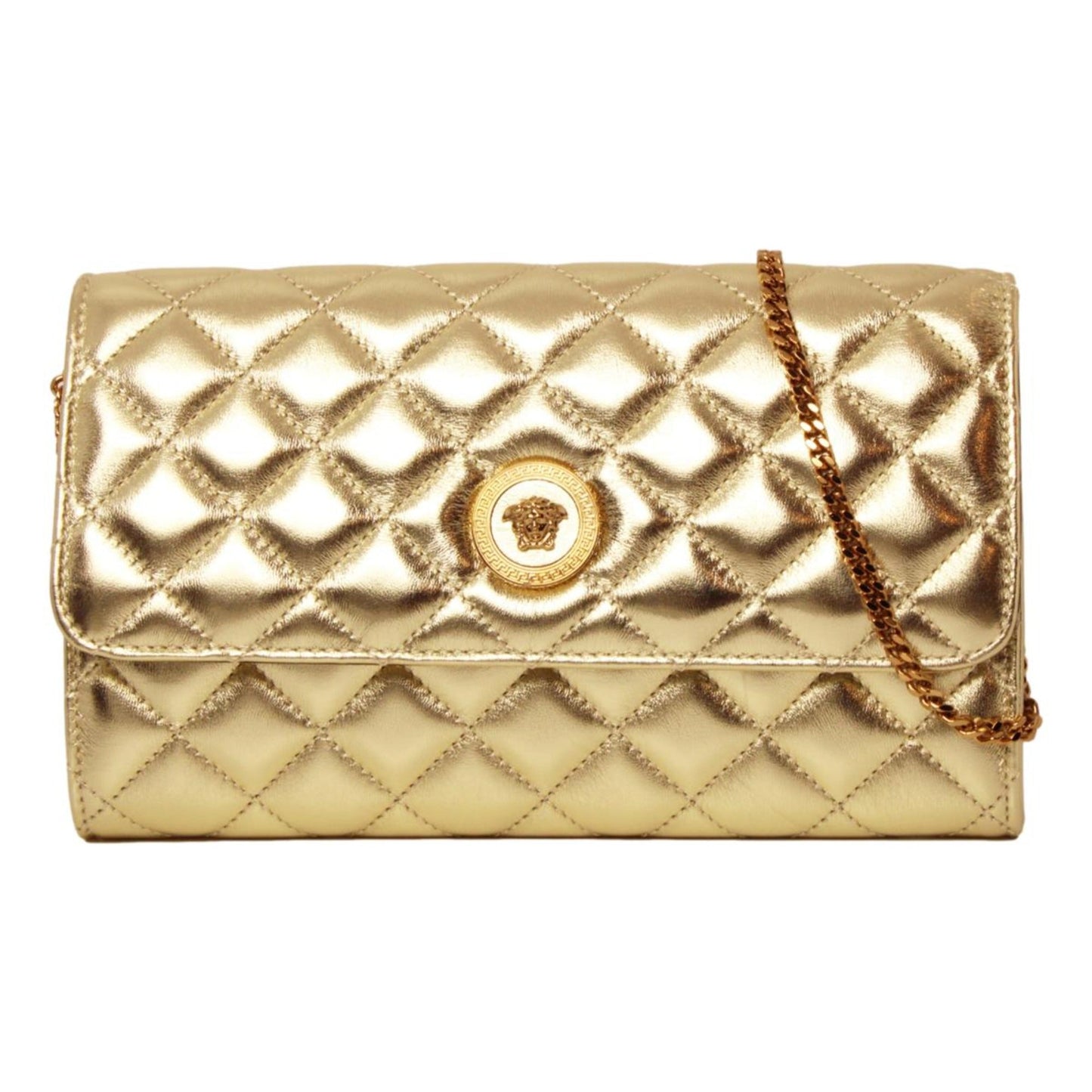 Metallic Gold Leather Medusa Chain Wallet Bag