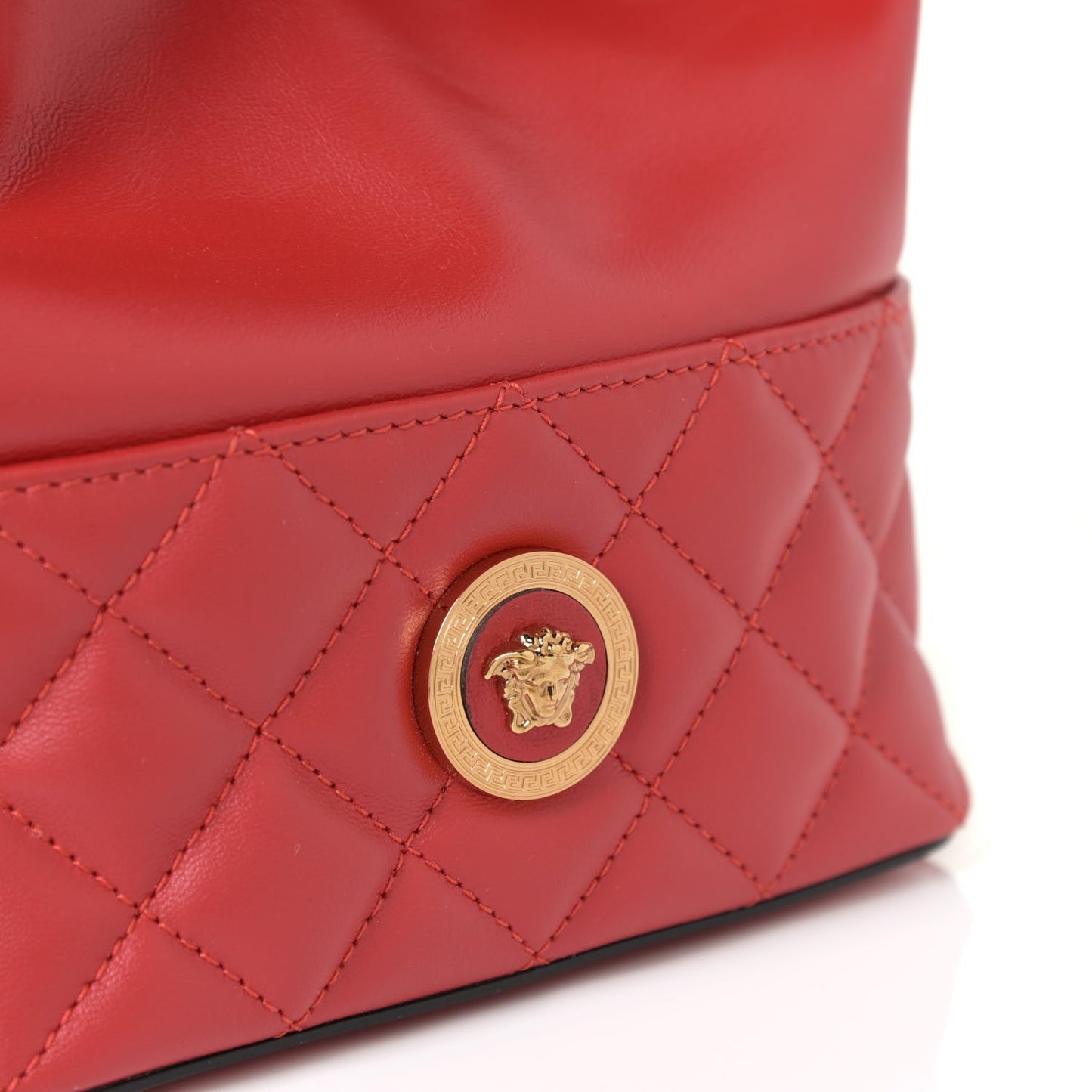 Red Leather Medusa Quilted Drawstring Bucket Bag