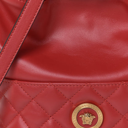 Red Leather Medusa Quilted Drawstring Bucket Bag