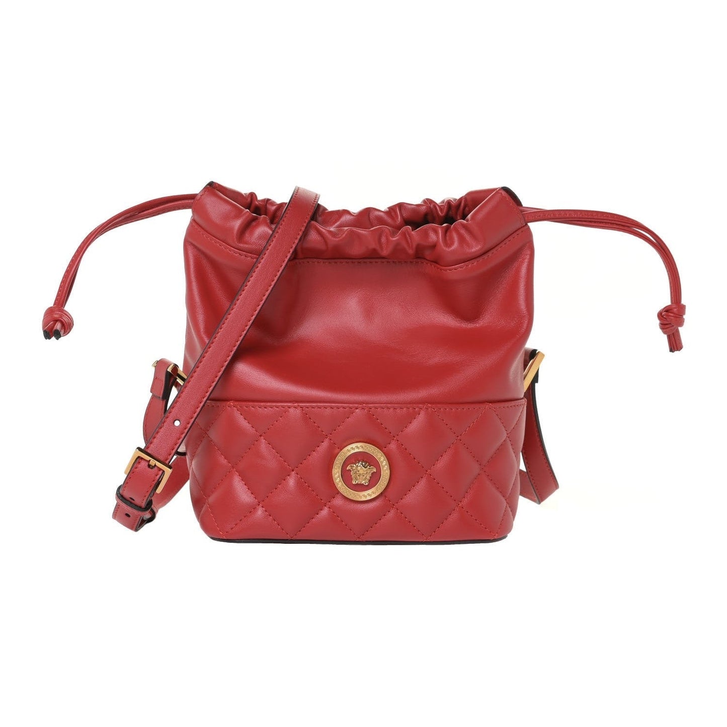 Red Leather Medusa Quilted Drawstring Bucket Bag