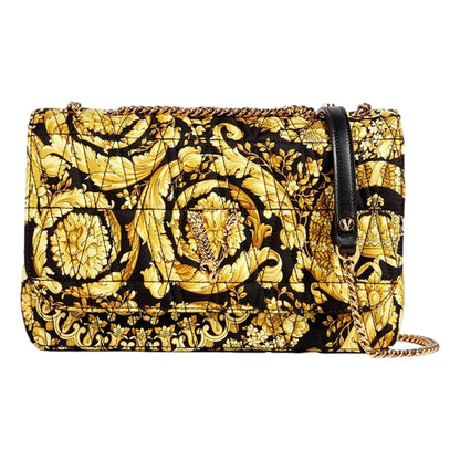 Virtus Barocco Print Quilted Black and Gold Silk Shoulder Bag