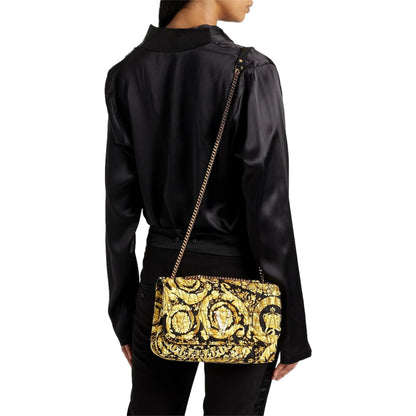 Virtus Barocco Print Quilted Black and Gold Silk Shoulder Bag