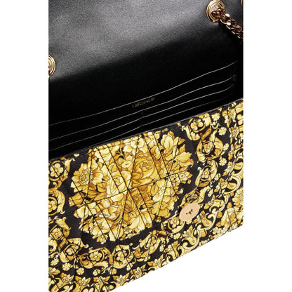 Virtus Barocco Print Quilted Black and Gold Silk Shoulder Bag